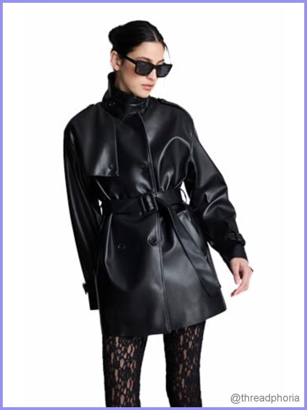 Faux Leather Double Breasted Trench Coat